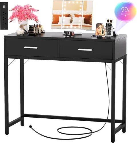 Miniatura 8 de Escritorio de tocador pequeño, escritorio de tocador con espejo y luces, escritorios de maquillaje con regleta eléctrica, mesa de tocador