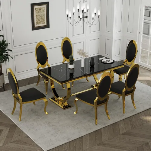 Miniatura 7 de Asday Mesa de comedor negra y dorada, mesa de comedor de lujo de 70 pulgadas con base en U de metal de acero inoxidable dorado para 4-8
