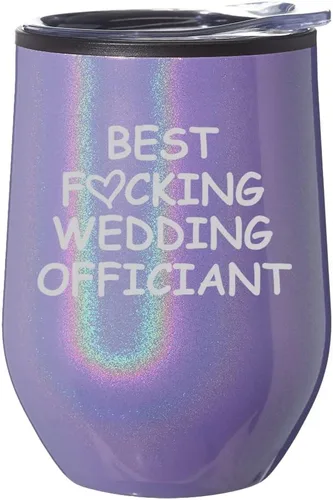 Miniatura 4 de Vaso de vino sin tallo, taza de viaje de café con tapa, regalo para el mejor oficiante de boda divertido (purpurina azul)