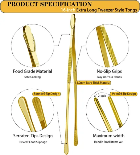 Miniatura 2 de Jetkong 2 pinzas de cocina de 40.6 cm, extra grandes, de acero inoxidable, para alimentos, pinzas de cocina gigantes (color dorado)