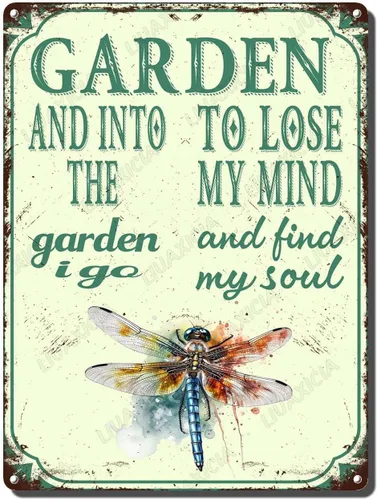 Miniatura 14 de LIUAXICIA Letreros divertidos de metal con texto en inglés "In The Garden to Lose My Mind and Find My Soul Bee Garden - Letreros de lata
