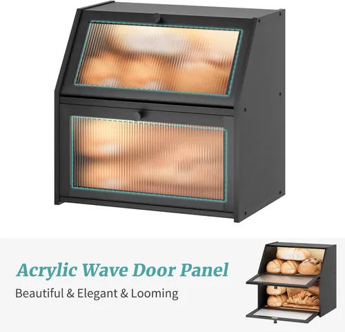 Miniatura 3 de Caja de pan extra grande negra para mostrador de cocina, caja de pan de bambú de doble capa grande, capacidad de almacenamiento de pan de madera