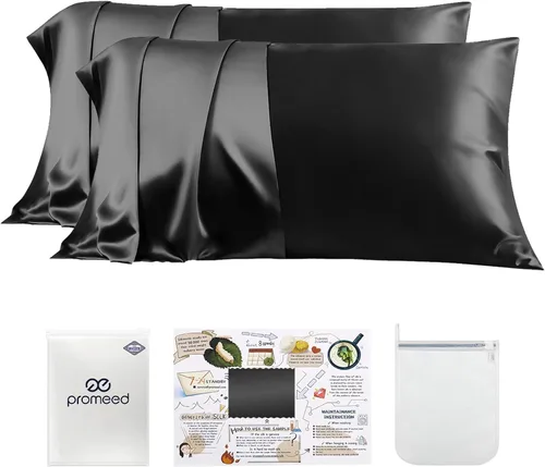 Miniatura 35 de PROMEED Funda de almohada de seda negra de grado 6A+ con cremallera, 23 fundas de almohada de seda de morera natural Momme para cabello y piel, Negro