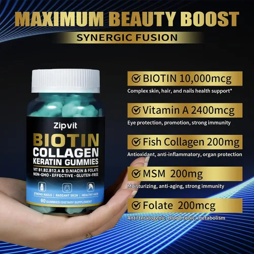 Miniatura 4 de zipvit Gomitas de colágeno de biotina, vitaminas para la piel y las uñas para mujeres y hombres, vitaminas para el crecimiento del cabello: B1, B2