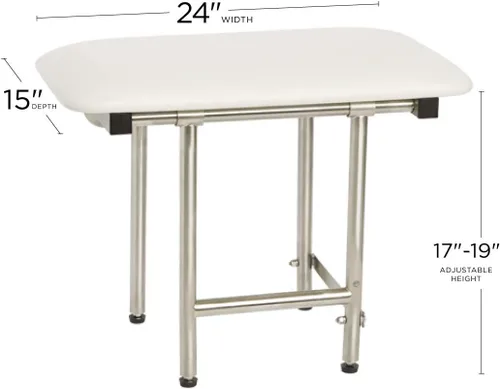 Miniatura 5 de Seachrome Asiento de ducha plegable de 24 x 15 pulgadas con cojín acolchado blanco para montaje en pared con patas, cumple con ADA