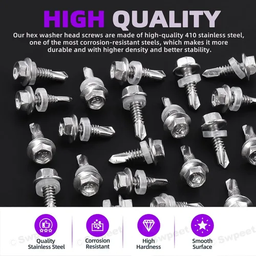 Miniatura 3 de Swpeet 70 tornillos autoperforantes de acero inoxidable 410 #12 x 3/4 pulgadas con cabeza hexagonal de arandela con acero inoxidable #12 x 3/4