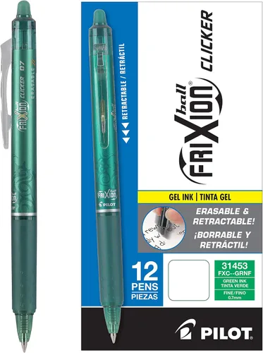 PILOT FriXion Clicker 31453 - Bolígrafos de tinta de gel borrable, recargables y retráctiles, de punta fina, tinta verde, paquete de 12 unidades