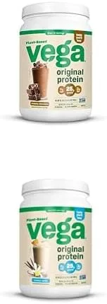 Vega Paquete de proteína original en polvo, chocolate cremoso y vainilla cremosa, mezcla de bebida proteica a base de plantas para agua, leche y