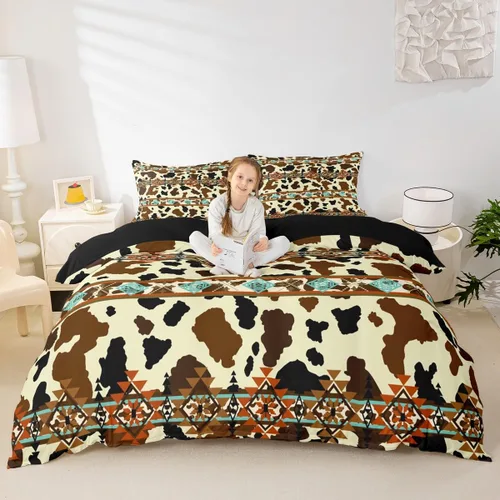 Miniatura 2 de Erosebridal Funda de edredón de piel de vaca marrón con estampado de vaca de las tierras altas, juego de ropa de cama occidental exótico azteca