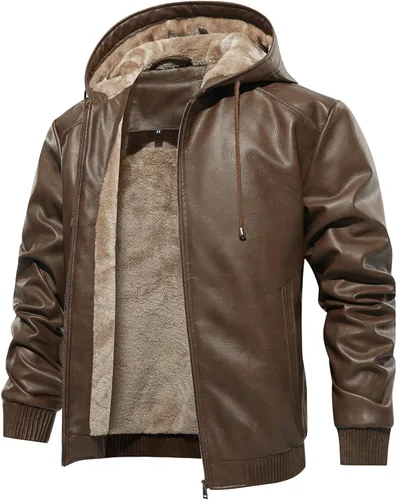 Miniatura 7 de MANSDOUR Chaqueta de cuero sintético para hombre con forro de vellón negro cálido, chaqueta bomber de motocicleta con capucha