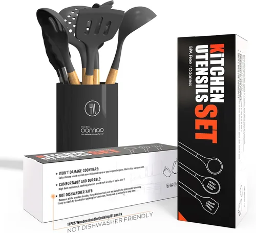 Miniatura 5 de oannao Juego de utensilios de cocina de silicona, resistente al calor, espátula, pinzas giratorias, cuchara, batidor, utensilios de cocina para Gris