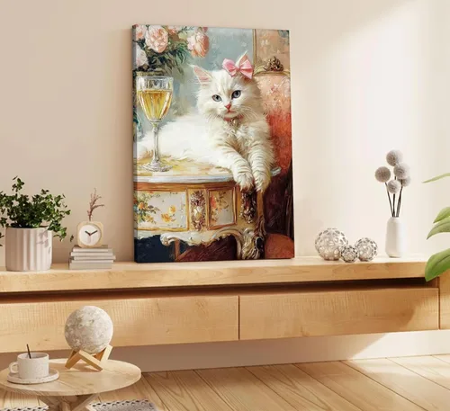 Miniatura 6 de Elegante lienzo vintage para pared, diseño de gato blanco caprichoso, divertido y retro, cuadro de carrito de bar, pintura ecléctica de animales