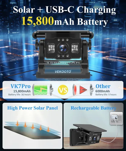 Miniatura 5 de VEKOOTO VK7 Pro - Cámara magnética solar inalámbrica de respaldo, monitor de pantalla táctil IPS de 7 pulgadas, HD1080P, sin cableado, sistema