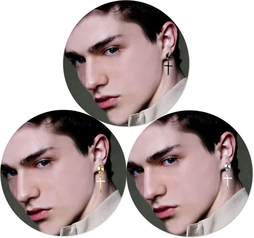 Miniatura 7 de Juego de aretes de cruz de acero inoxidable para hombre y mujer, aretes colgantes con bisagras, aretes de aro cruzados