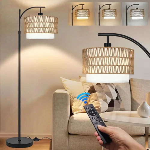 Miniatura 9 de ZECOXOL Lámparas de pie de arco para sala de estar, dormitorio, lámpara de pie bohemia de ratán con control remoto, lámpara de pie LED regulable