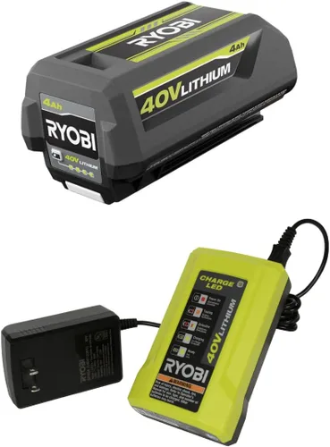 RYOBI Kit de batería y cargador de 40 V Juego de baterías de iones de litio de 4.0 Ah, OEM OP40404 + OP403A (rediseño 2021 con pestillo de expulsión