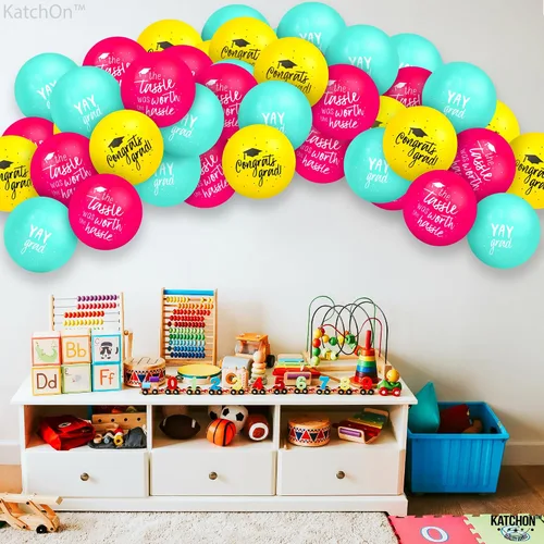 Miniatura 3 de KatchOn, Juego de globos de graduación azules, amarillos y rosados, 12 pulgadas, paquete de 75 Globos de graduación de felicitaciones, globo Yay