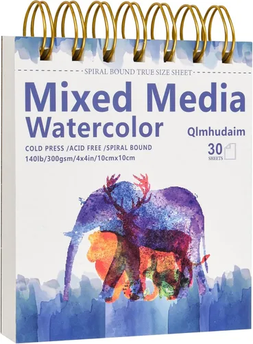 Cuaderno de bocetos de medios mixtos Qlmhudaim 4" x 4" | 30 hojas 140 lb/300 g, encuadernado en espiral con línea de desgarro | De grado para