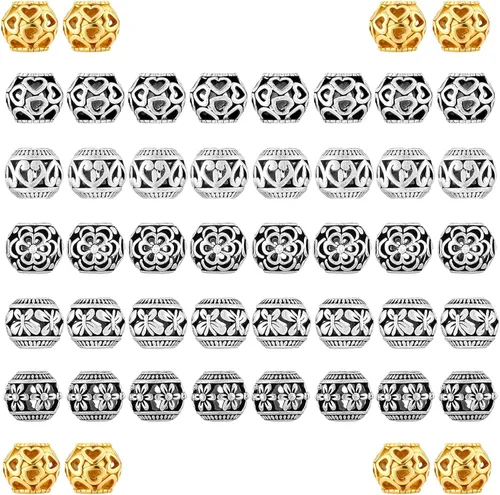 Miniatura 7 de 40 piezas de cuentas espaciadoras de tubo metálico para fabricación de joyería, cuentas de paracord de agujero grande plateadas, cuentas