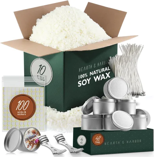 Miniatura 9 de Hearth & Harbor Cera de soja natural y suministros para hacer velas de bricolaje – 5 libras de copos de cera de soja, latas de vela con tapa