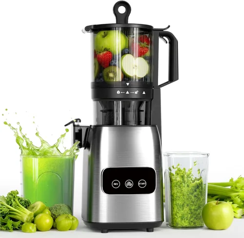Kndko Exprimidor de prensa en frío, máquinas exprimidoras con canal de alimentación grande de 5.4 pulgadas para verduras y frutas enteras,