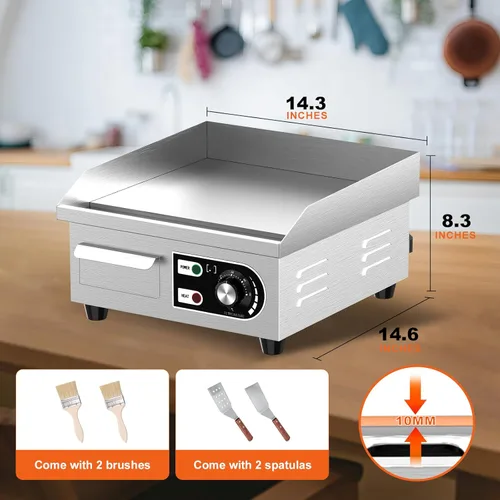 Miniatura 3 de Plancha eléctrica comercial de 14 pulgadas, plancha eléctrica de hierro fundido con material de acero inoxidable y antiadherente, plancha comercial
