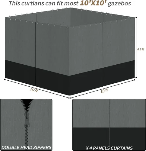 Miniatura 3 de Cortinas de privacidad con cremallera, 4 paneles de pared lateral, reemplazo universal para patio, toldo al aire libre, jardín y patio trasero