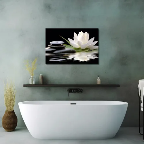 Miniatura 5 de LZIMU Lienzo decorativo para pared, diseño de loto blanco y piedras zen negras que florecen en el agua, impresiones de imágenes para yoga, spa