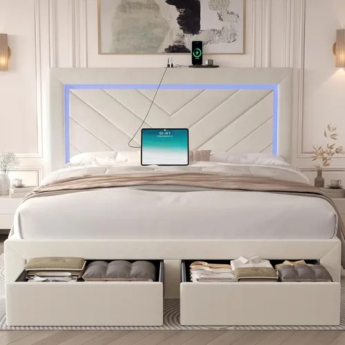 Base de cama tamaño Queen con cabecera ajustable y cajón de almacenamiento, marco de cama tapizado Queen con luces LED RGB y estación de carga,