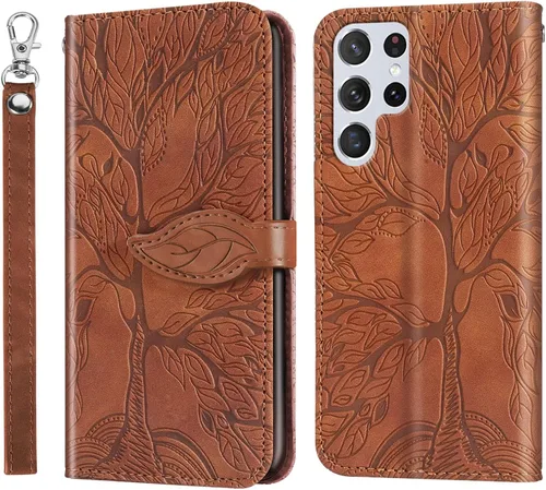 Funda tipo cartera para Samsung Galaxy S22 Ultra con tarjetero/ranura, funda de cuero con tapa y cierre magnético, correa de muñeca con función