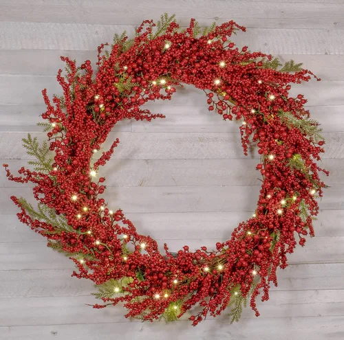 Miniatura 8 de Red Co. Corona de Navidad iluminada de 22 pulgadas con arándanos rojos, luces LED a pilas con temporizador
