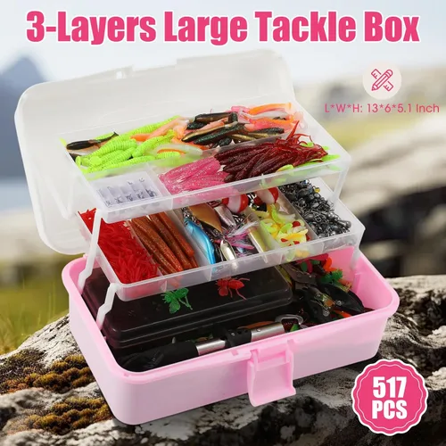 Miniatura 2 de RoundFunny Caja grande de 517 piezas de 3 capas con señuelos de pesca con aparejos que incluye alicates, pinza de labios de pez, crankbait, ganchos