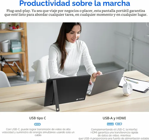Miniatura 6 de Veout Monitor portátil de 16 pulgadas para laptop, pantalla externa de viaje FHD IPS de 1920 x 1200P, doble USB-C y mini-HDMI, filtro de luz azul