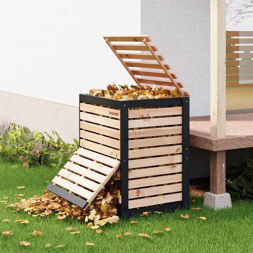 Miniatura 8 de Cubo de Compostaje de 95 Galones de Madera Sólida, Cubo de Compostaje para Exteriores con Puerta Deslizante, Cubo de Compostaje Grande para el Patio