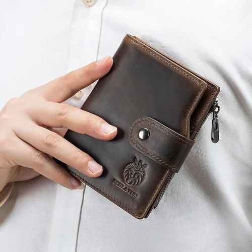 Miniatura 28 de LUKZIJAES Billetera de cuero genuino para hombre, con bloqueo RFID, delgada, plegable, bolsillo frontal, #3-Café, Vintage