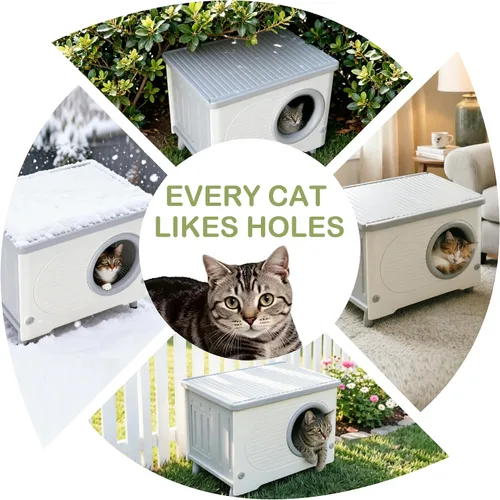 Miniatura 6 de Casa para gatos al aire libre resistente a la intemperie con puerta de escape, refugio aislado de plástico resistente para gatos, casa elevada