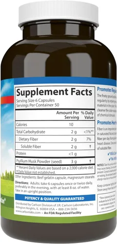 Miniatura 2 de Carlson - Hi-Fiber, 0.11 oz, Cápsulas de cáscara de psyllium, regularidad, salud del colon y función cardíaca, 300 cápsulas