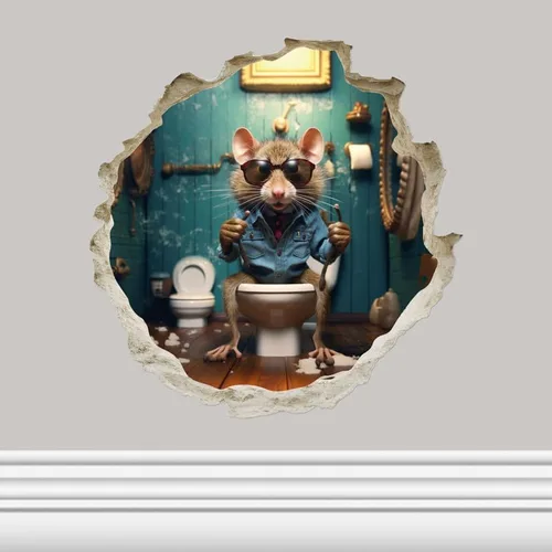 Miniatura 10 de Mouse de fútbol en el inodoro en el agujero del ratón, calcomanía de pared 3D, decoración del hogar de dibujos animados, arte de vinilo, estantería