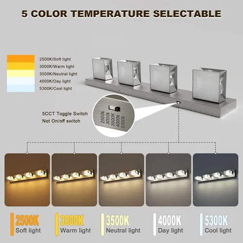 Miniatura 2 de Joossnwell Luces de baño de níquel cepillado sobre espejo (4 luces, 28 pulgadas), lámpara de tocador de cristal 5CCT regulable moderna LED