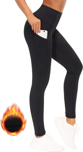 Miniatura 2 de THE GYM PEOPLE Pantalones de yoga gruesos de cintura alta con bolsillos, forro polar, control de abdomen, leggings de entrenamiento para mujer