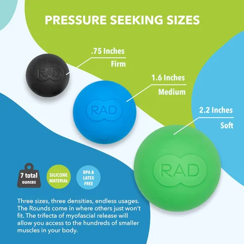 Miniatura 4 de RAD Rounds – Juego de 3 bolas de masaje de yoga de 3 densidades para liberación miofascial de tejido profundo – Bolas de terapia para pies, espalda