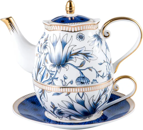 ACMLIFE Juego de té para uno, tetera y taza, juego de té floral vintage de porcelana para uno, juego de tetera de porcelana de hueso para mujer, Azul
