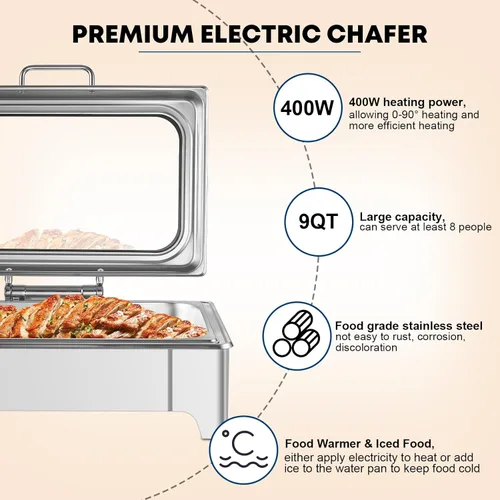 Miniatura 2 de Juego de servidor de platos de cocina eléctrico para bufé, bandejas de alimentos de acero inoxidable de tamaño completo y mediano y de tres