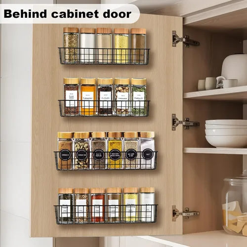 Miniatura 6 de Organizador de especias para montaje en pared, paquete de 2 cestas de almacenamiento de alambre negro para pared o puerta de gabinete en cocina