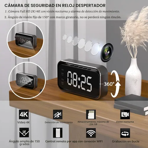 Miniatura 2 de Cámara de Seguridad Mini, 4K Real Full HD, Cámara de Niñera con Dos Conjuntos de Configuración de Reloj de Alarma para Seguridad del Hogar, Visión