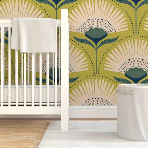 Miniatura 6 de Muestras de papel tapiz para despegar y pegar, diseño Art Deco de flores verdes, geométrico, divertido, jumbo, papel tapiz extraíble personalizado