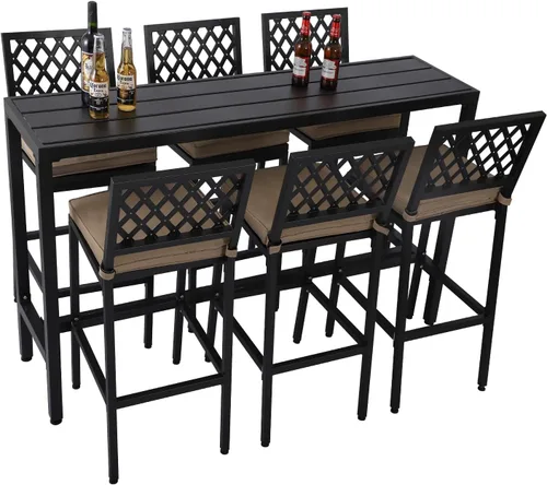 Miniatura 10 de Sillas y mesa de bar para exteriores, juego de bar de metal para exteriores, juego de mesa de bar de 3 piezas con taburetes de bar y cojines