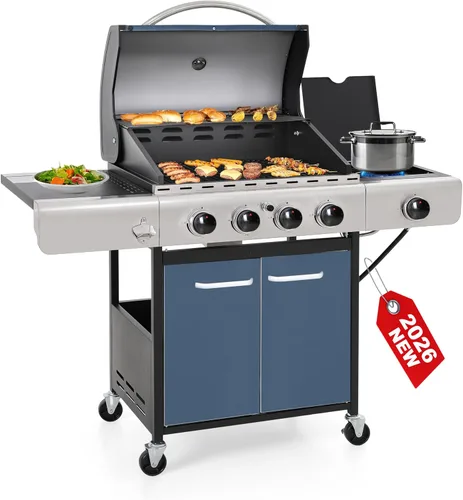 GREEN PARTY - Parrilla de gas para barbacoa de 4 quemadores con propano, quemador lateral y rejillas de hierro fundido esmaltadas en porcelana, área