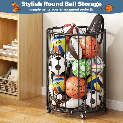 Miniatura 4 de Hencawima Garage Ball Storage: Round Sports Equipment Organizer with Wheels, Sports Ball Rack With Elastic Rope, Ball Holder for Basketball, Soccer
