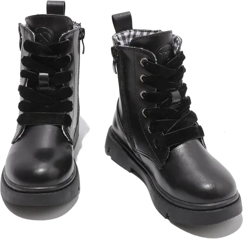 DADAWEN Botas de tobillo con purpurina para niños y niñas, zapatos de combate impermeables con cremallera lateral para niños pequeños, niños grandes